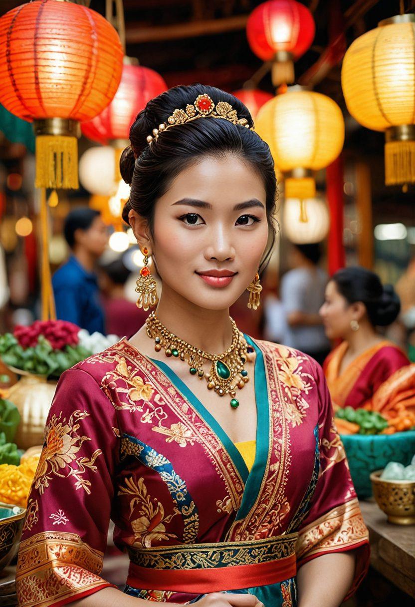 A fashionable Asian woman wearing a vibrant traditional outfit while exploring a bustling market filled with colorful fabrics and beauty products. Include elegant hairstyles, trendy accessories, and hints of lifestyle elements like tea sets and lanterns in the background. Capture the essence of charm and beauty across cultures. super-realistic. vibrant colors. 3D.