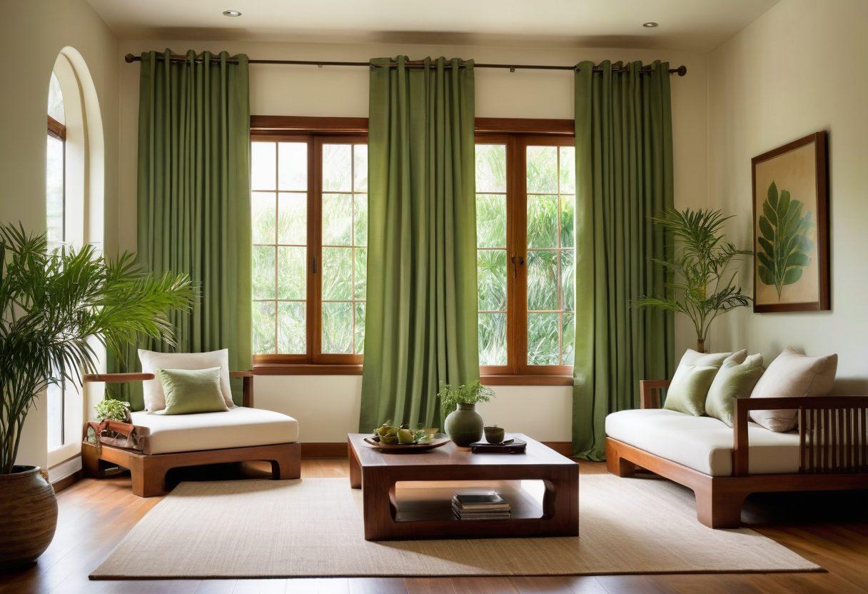 A serene Asian-inspired living space featuring elegant silk curtains, a wooden tea set, and lush indoor plants. Integrate trendy decor elements like a contemporary art piece and a cozy reading nook by a window with soft sunlight filtering in. Incorporate peaceful colors like jade green and warm wood tones to evoke wellness and style. Capture the essence of both tradition and modernity, making it inviting and stylish. super-realistic. vibrant colors. natural lighting.