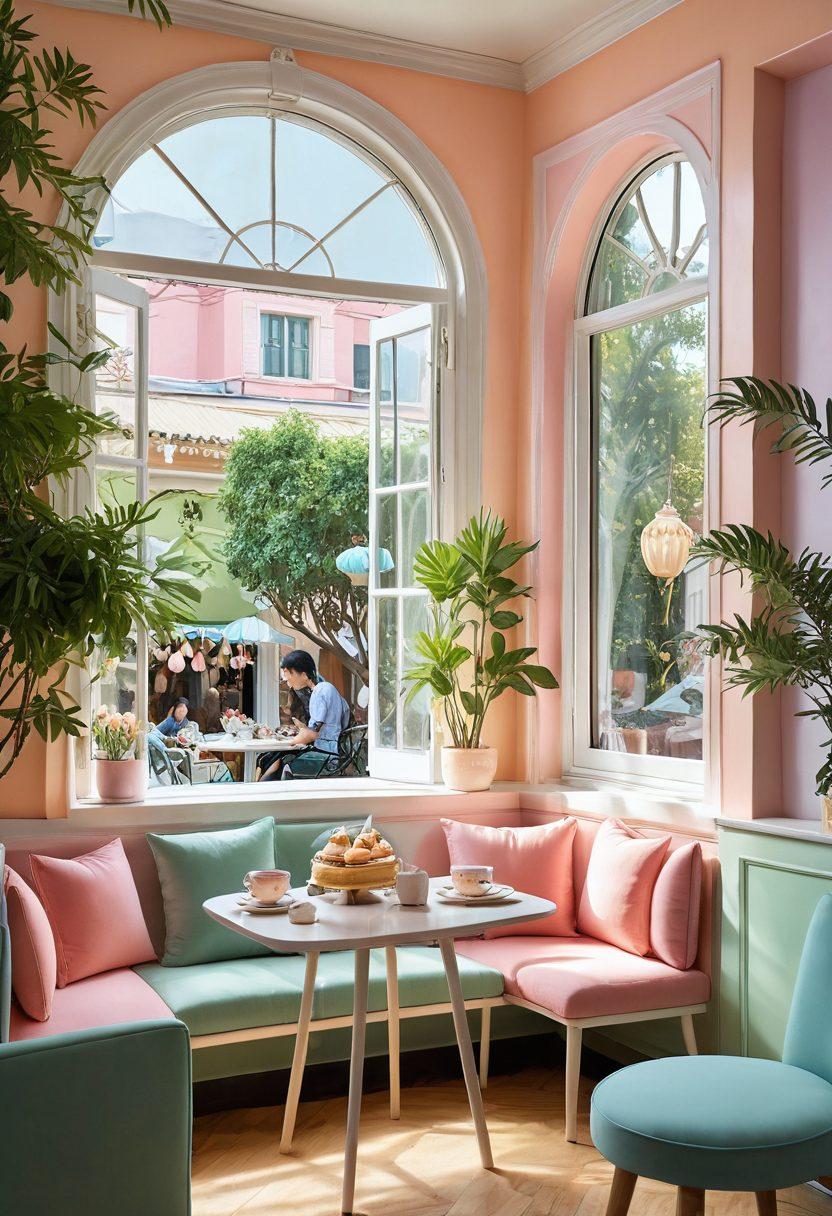 A playful and vibrant scene showcasing a cozy Asian cafe filled with adorable pastel-colored decor, cute pastries on display, and cheerful people enjoying their time together. Include elements like stylish tea sets, cultural artifacts, and lush greenery to reflect the blend of lifestyle tips and cultural insights. Soft natural light filtering through the windows enhances the charm. whimsical illustration. pastel colors. inviting atmosphere.